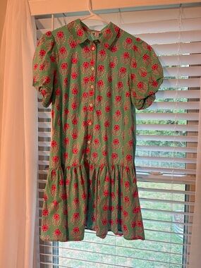 JCrew Green Floral Puff-Sleeve Dress with Red Accent